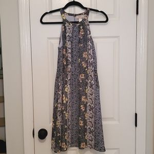 LOFT BLUE/MULTI COLOR DRESS..KNEE LENGTH..FLOWY..LINED..DRAWSTRING WAIST W TIE.